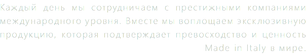 Каждый день мы сотрудничаем с престижными компаниями международного уровня. Вместе мы воплощаем эксклюзивную продукцию, которая подтверждает превосходство и ценность Made in Italy в мире.